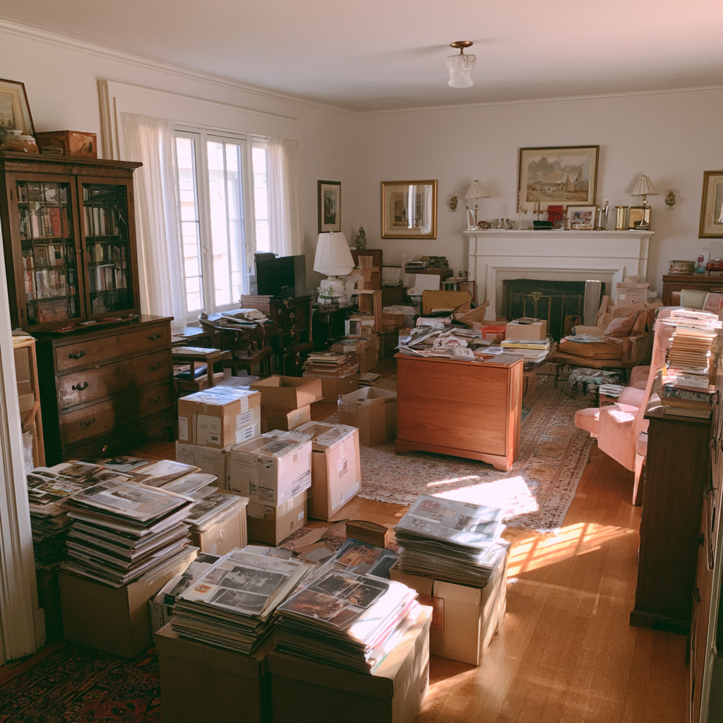 Sorting belongings inside an inherited home in Ohio.