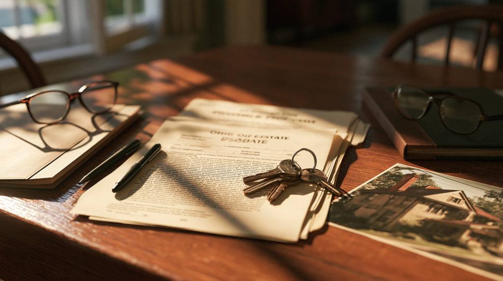 Ohio probate paperwork beside house keys.