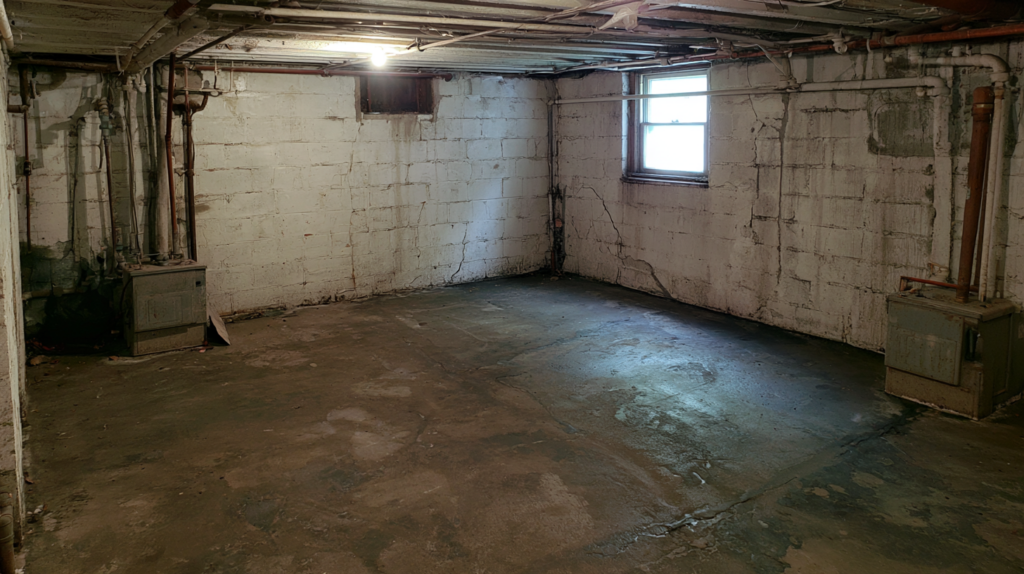 Illustrative older Ohio home basement with moisture staining, aging plumbing, and foundation repair concerns.