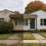 Illustrative before-and-after comparison of an older Ohio house before and after exterior renovations.
