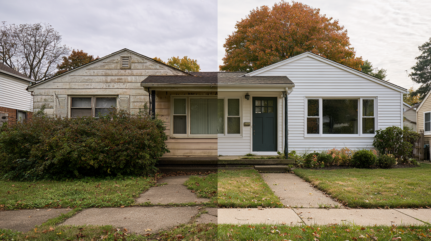 Illustrative before-and-after comparison of an older Ohio house before and after exterior renovations.