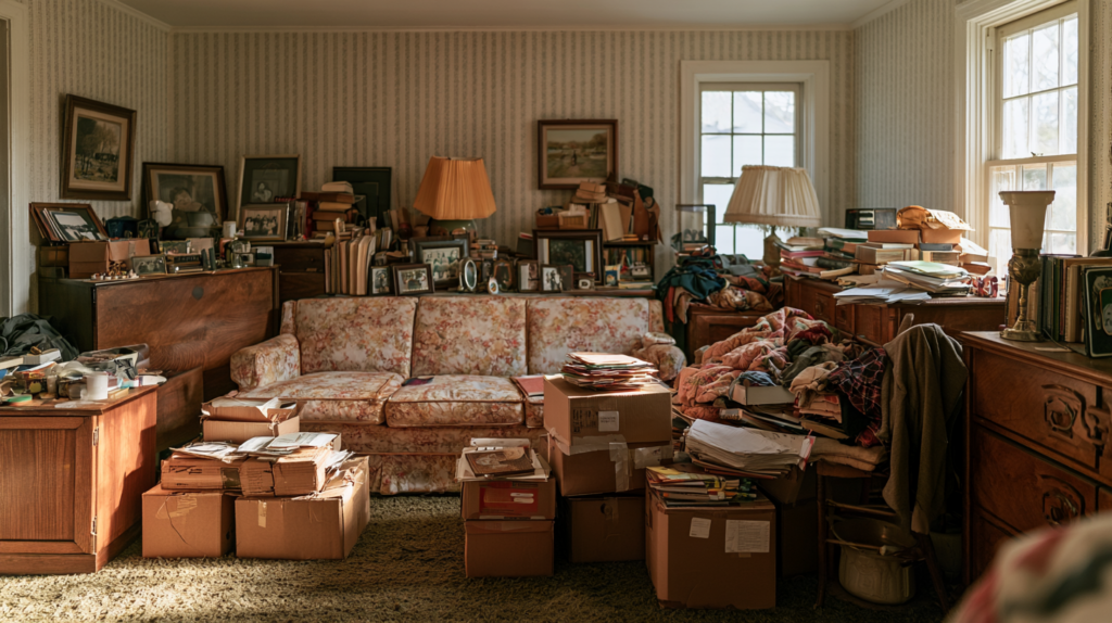 Illustrative inherited Ohio home containing furniture, boxes, and personal belongings before an estate cleanout.