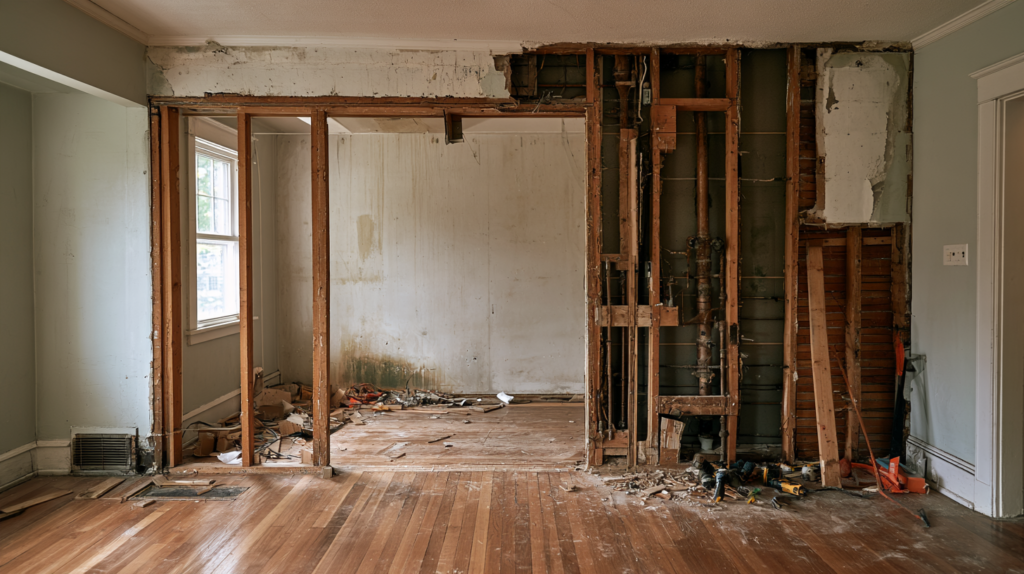 Exposed plumbing and damaged walls during renovation of an older inherited Ohio house.