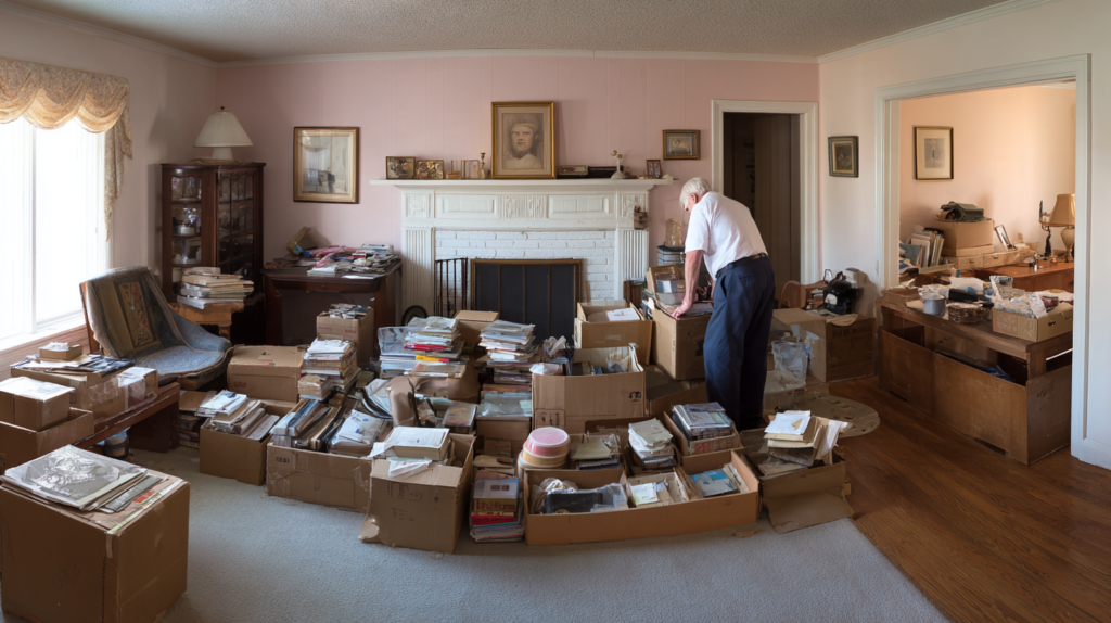 Family sorting belongings during an inherited house cleanout in Ohio