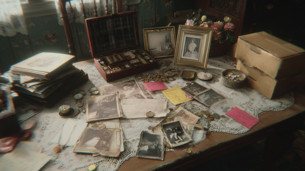 Valuables and family keepsakes being sorted from an inherited house