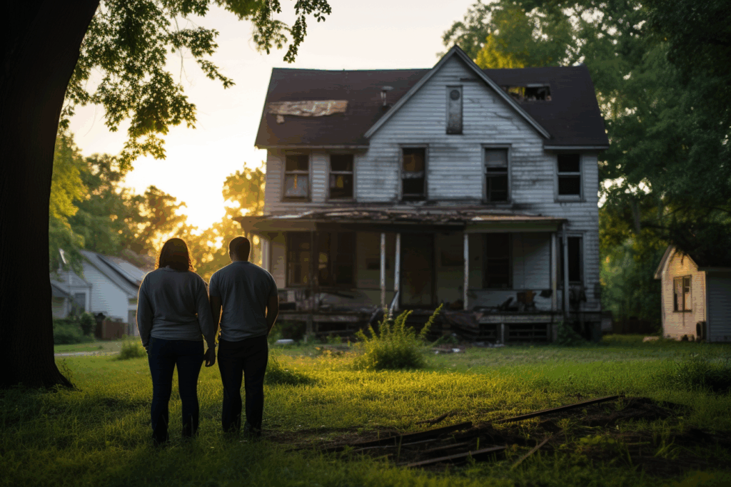 This is a dilapidated residential house in Louisville, KY USA. Outside the house is a middle-aged man and a woman looking worried on the lawn. photorealistic, Nikon D850 DSLR style, 24mm lens effect, afternoon sun shining on the home, gloomy setting.