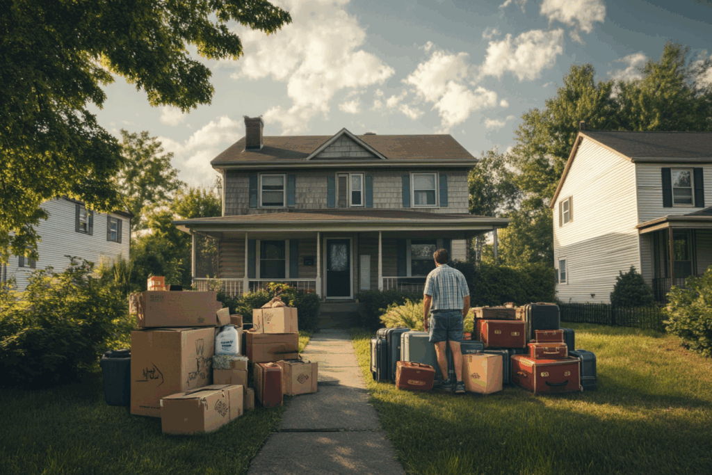 sell my home faster due to relocation - all the boxes on the lawn waiting for the removals van