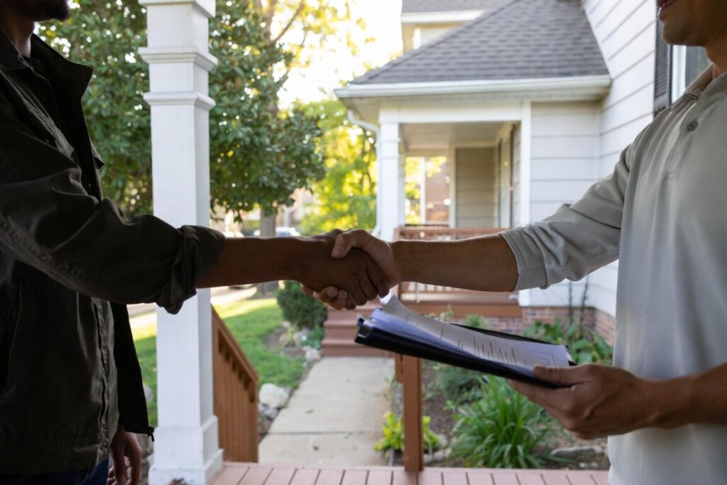 A handshake from a cash deal that has been completed in selling a house quickly. 