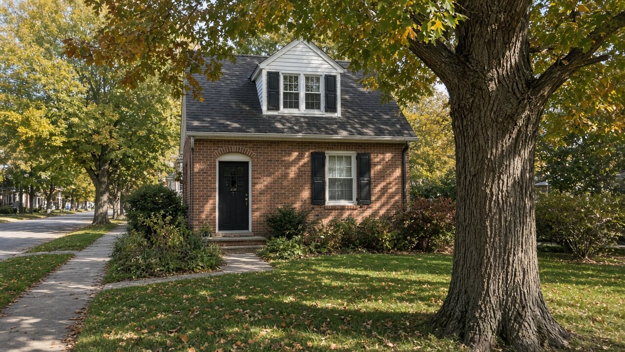 Brick Cape Cod style house with dormer windows on a tree-lined street in St. Matthews KY