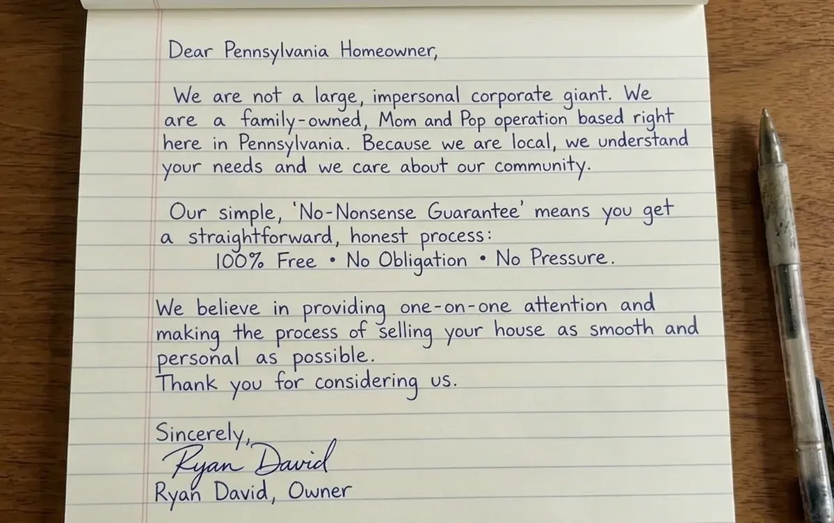 Handwritten personal letter from Ryan David to Pennsylvania homeowners.