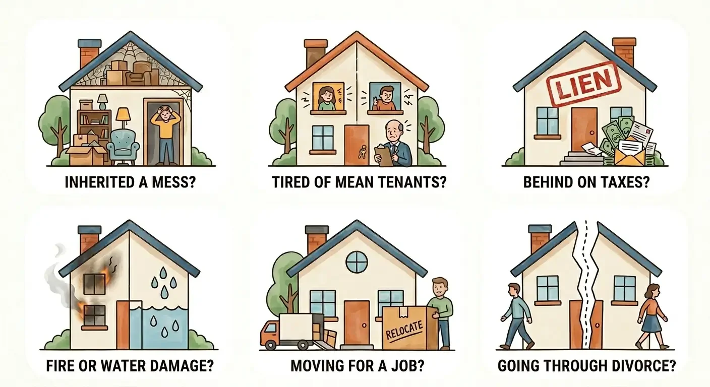 6 common property situations: Inherited house, bad tenants, taxes, fire, moving, divorce