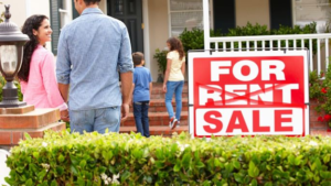 A house with a crossed-out "For Rent" sign replaced by "For Sale," illustrating the process to sell my rental property successfully.