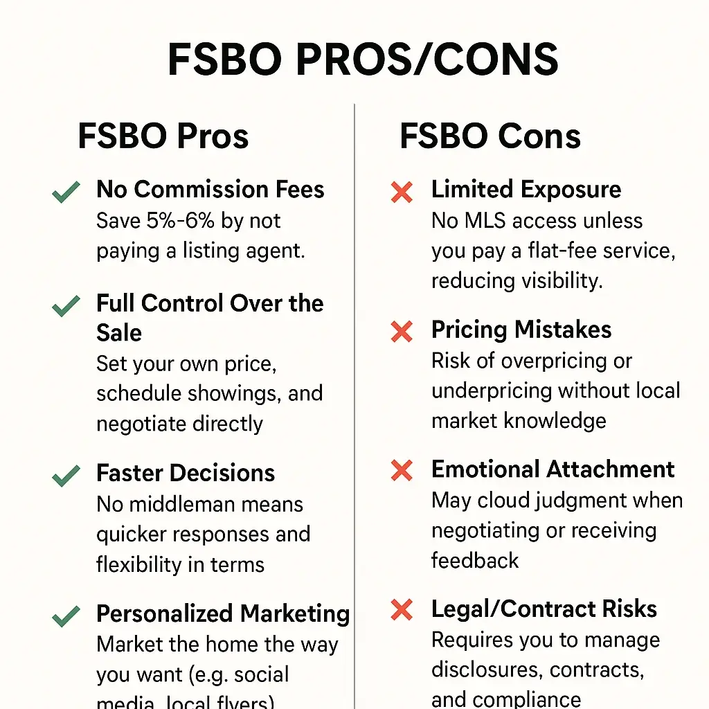 FSBO pros and cons chart comparing benefits like no commission fees and control, with drawbacks like limited exposure and legal risks.