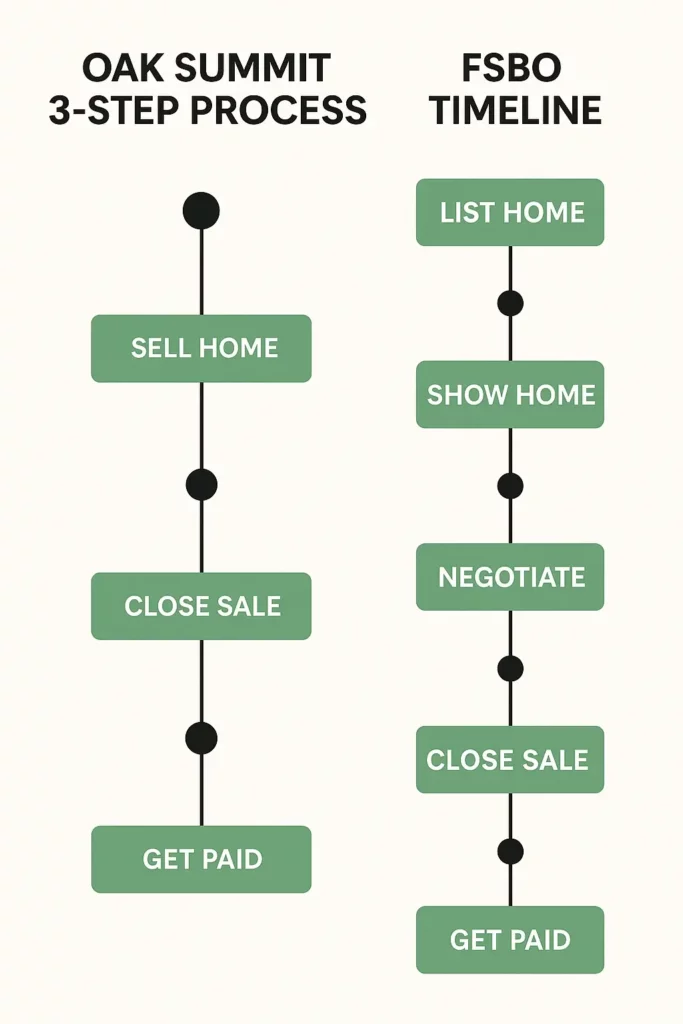 FSBO vs direct home sale comparison chart showing Oak Summit's 3-step process alongside the longer FSBO selling timeline.