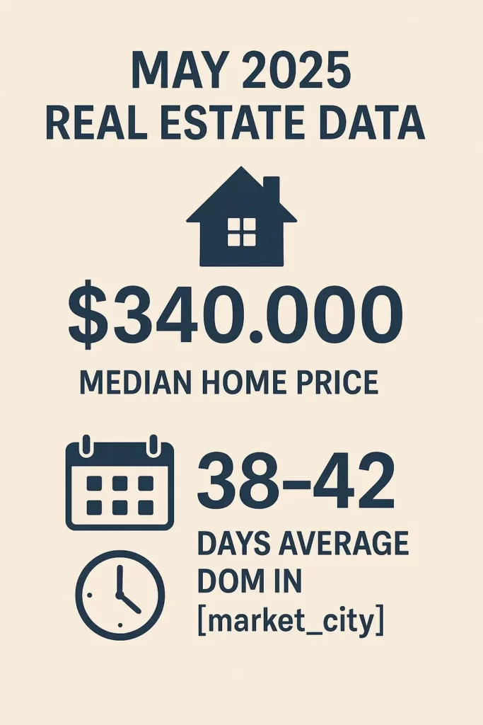 Infographic showing May 2025 Fort Worth housing stats including median price and time on market.