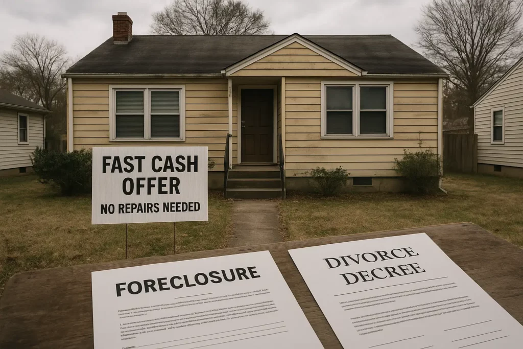 House in need of sale with fast cash offer sign, foreclosure notice, and divorce decree showing as-is home selling situation