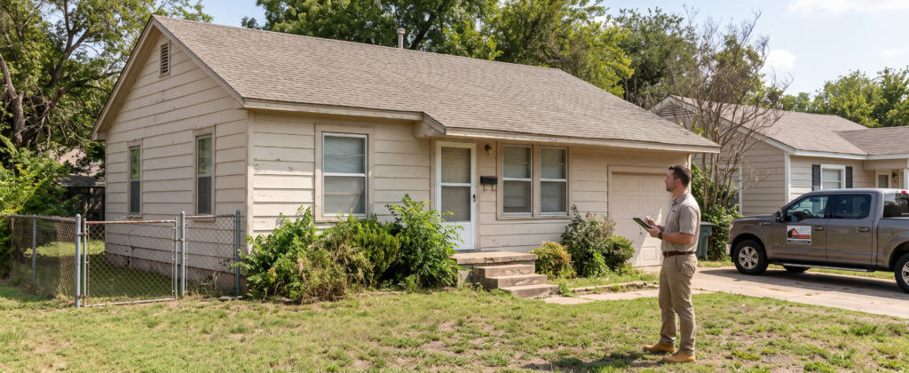 Real estate investor evaluating a foreclosure property in Fort Worth Texas