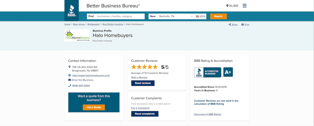 Halo Homebuyers BBB profile