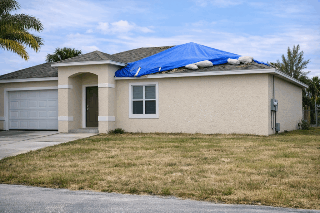 Cape Coral home with roof tarp after storm damage, representing a real Lee County seller story.