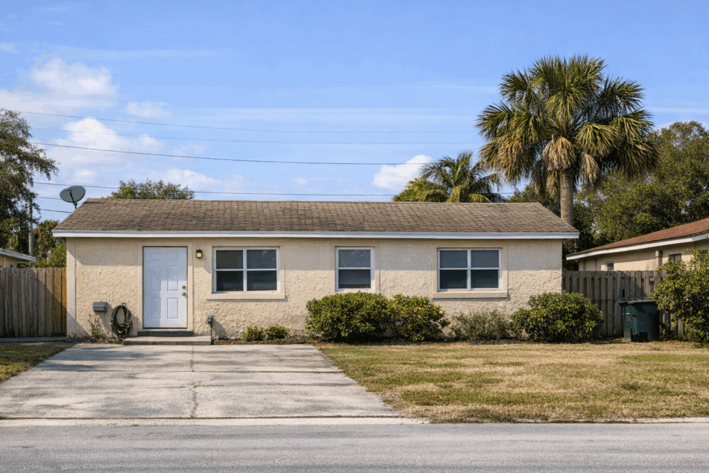 Palm Beach County single‑story CBS home with shingle roof and empty driveway — typical Lake Worth Beach neighborhood house sold as‑is for cash.