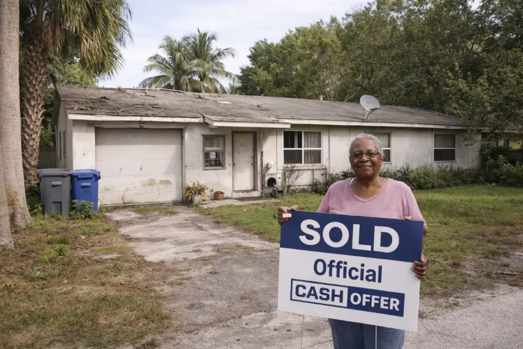 Homeowner holding Official Cash Offer sold sign in front of Davie, FL home sold as-is with unpermitted work