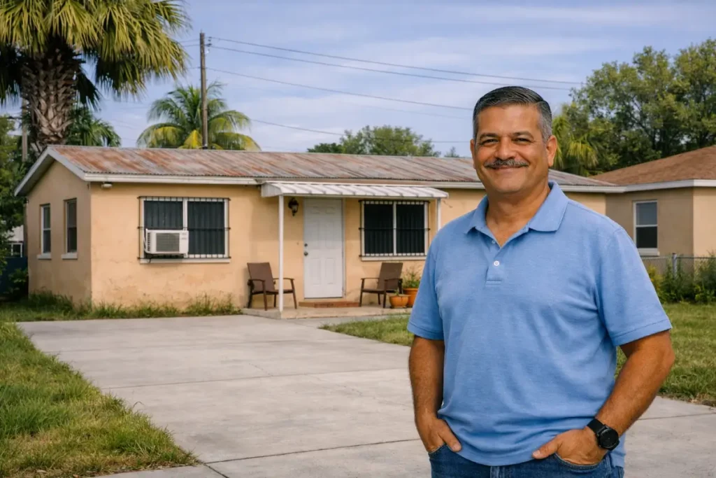 Homeowner standing in front of Hialeah, FL home sold as-is with unpermitted garage conversion, code violations, and partial ownership to Official Cash Offer