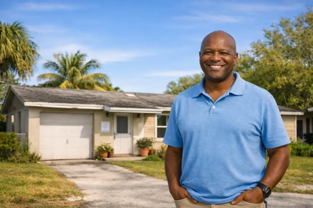 Homeowner standing in front of Pompano Beach, FL home sold as-is with code violations and unpermitted work to Official Cash Offer