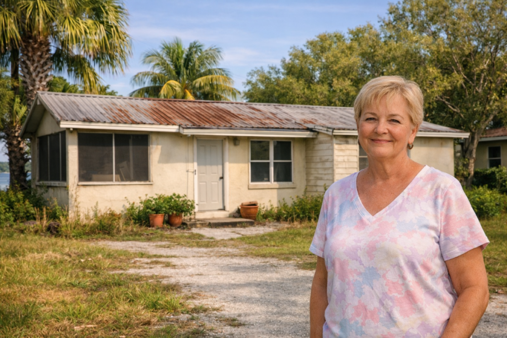 Homeowner standing in front of inherited Sebring, FL home sold as-is with code violations and title complications to Official Cash Offer