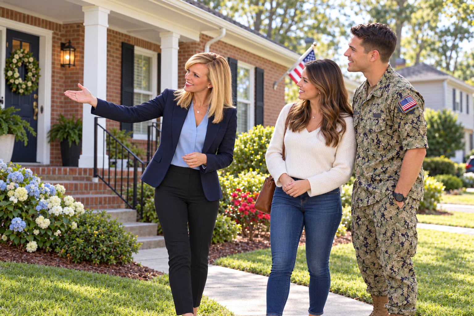 Diana Hansford of Keffer Realty touring a brick home with a military couple