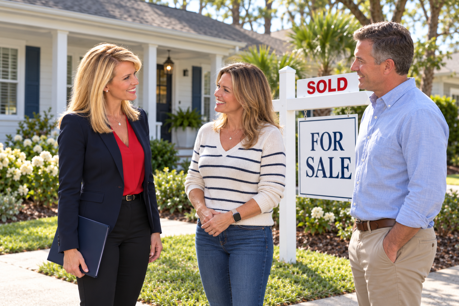 Diana Hansford of Keffer Realty discussing a home sale with a couple beside a sold sign
