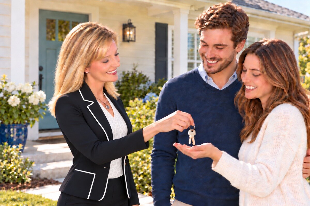 Diana handing keys to homebuyers