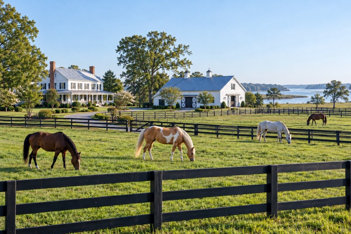 Horse farm with a farmhouse, stable and fenced pasture