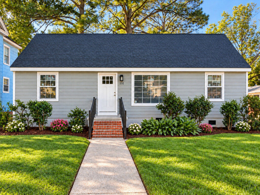 Gray ranch-style home with a landscaped front yard