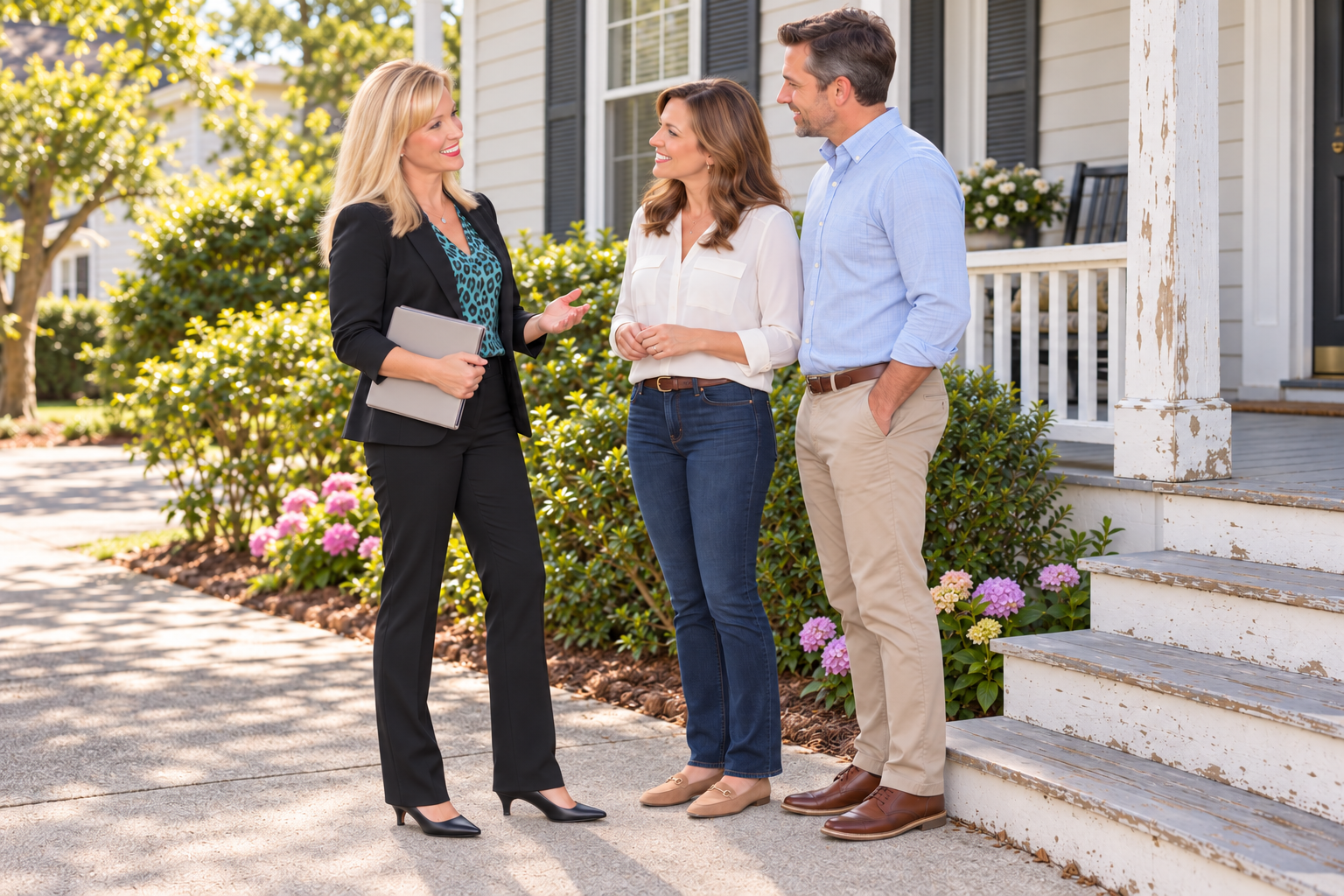 Diana Hansford of Keffer Realty discussing as-is selling beside a home with peeling porch paint