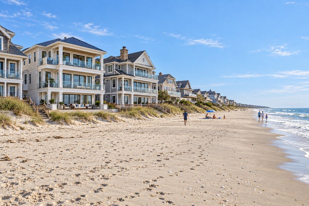 Coastal oceanfront homes beside a wide beach