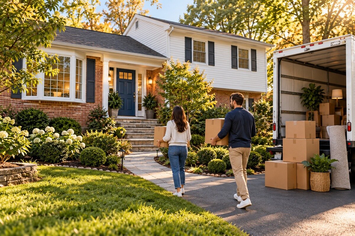 Family moving boxes into a home
