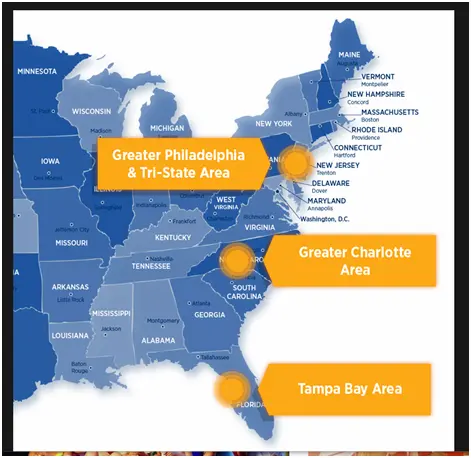 Map showing Property Buyer Today service areas in Greater Philadelphia, the Tri-State Area, and Greater Charlotte