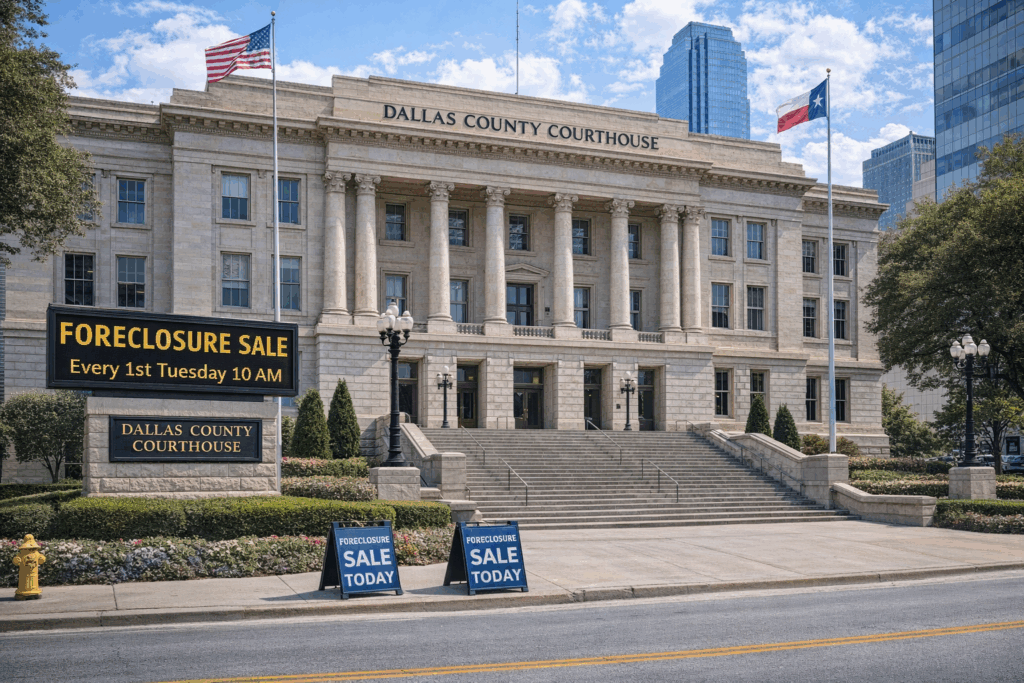 Dallas County foreclosure auction location where monthly property sales are held