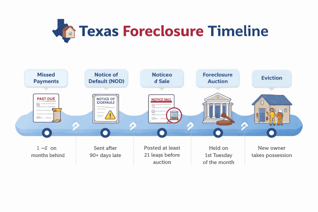 Texas non-judicial foreclosure timeline in Dallas showing notice of default, notice of sale, and auction process