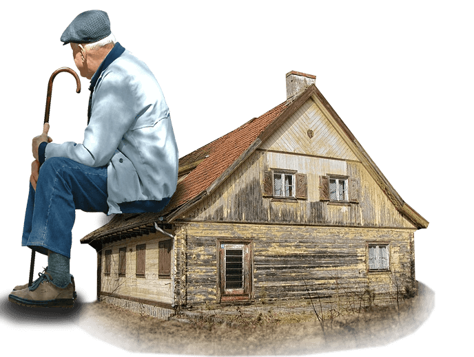 Giant Old Man Sitting On A House In Poor Condition