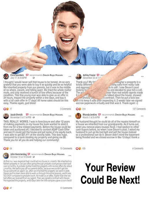 Man holding thumbs up above 5 reviews