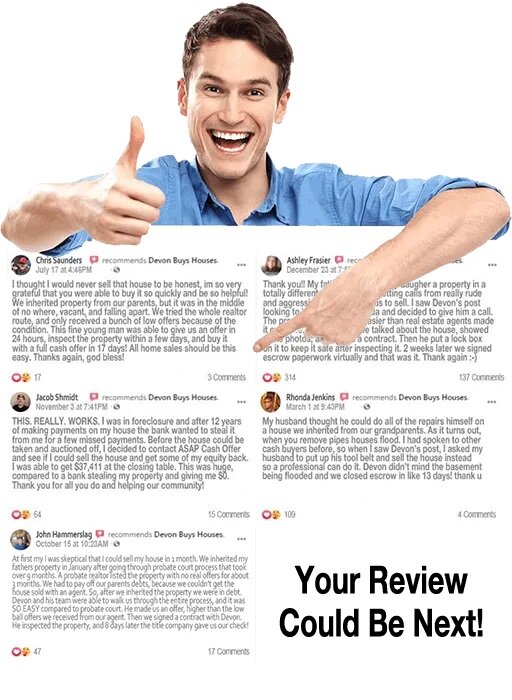 Man holding thumbs up above 5 reviews