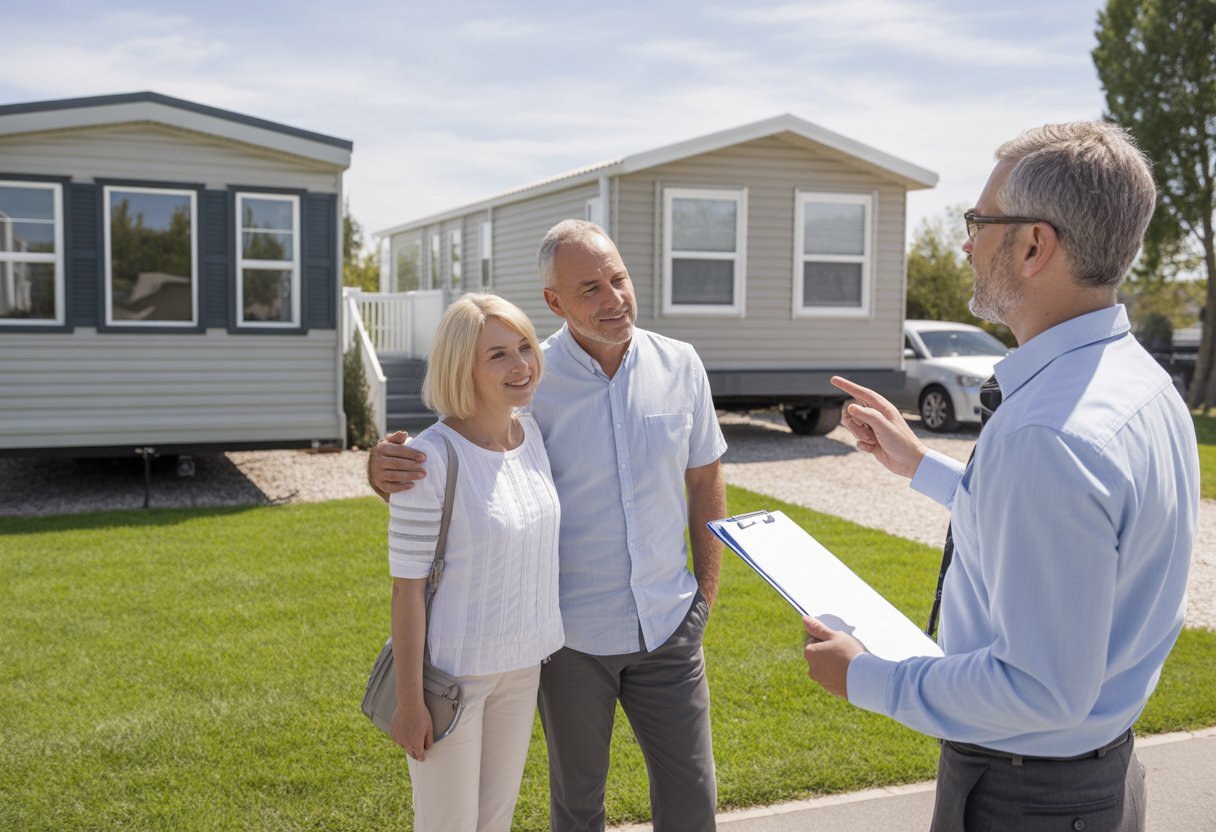 A real estate agent showing a couple two different homes outdoors on a sunny day.