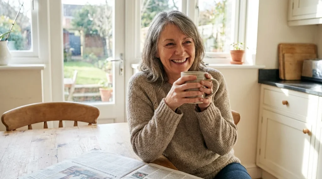 Homeowner and family member reviewing home-sale documents at a kitchen table