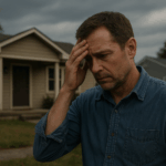 Concerned middle-aged man stands outside a modest suburban home under a cloudy sky, reflecting the emotional weight of facing foreclosure in 2025.
