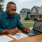 Image depicting a successful real estate investor analyzing rental property metrics for a buy-and-hold strategy.
