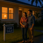 Miami homeowners on porch at dusk with paperwork in hand, facing decisions about their home and timing of foreclosure.