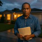 Miami homeowner holding paperwork in driveway at dusk, facing decisions about foreclosure and timing.