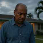Worried homeowner standing outside suburban Miami house at dusk, facing foreclosure but weighing options.