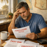 Homeowner reviewing foreclosure notices at the kitchen table with morning sunlight, reflecting concern and decision-making in early 2026.